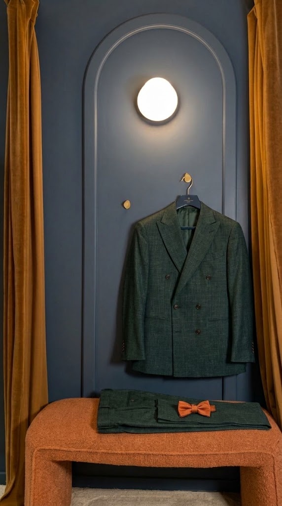 Costume croisé vert sapin en laine, soie et lin Loro Piana sur cintre, cabine d’essayage Auguste Tailleur