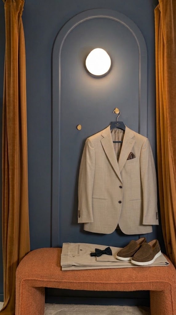 Costume deux-pièces beige en laine, soie et lin Tallia di Delfino sur cintre, cabine d’essayage Auguste Tailleur