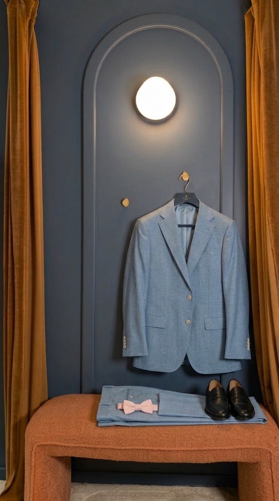 Costume deux-pièces bleu ciel en laine, soie et lin Loro Piana sur cintre, cabine d’essayage Auguste Tailleur
