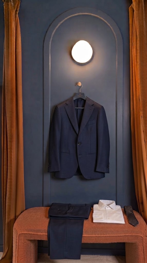 Costume deux-pièces bleu marine en laine et lin Alfred Brown sur cintre, cabine d’essayage Auguste Tailleur