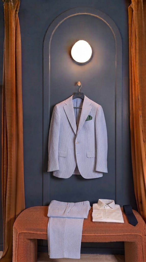 Costume deux-pièces en seersucker rayé bleu et blanc S. Di Tessuti Sondrio sur cintre, cabine d’essayage Auguste Tailleur
