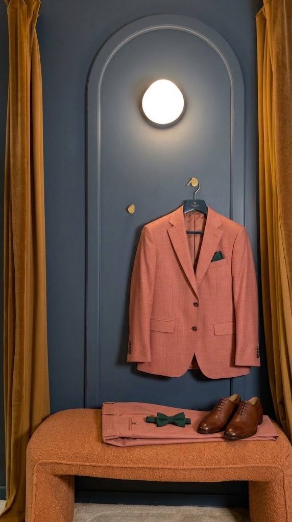 Costume deux-pièces terracotta rosé en laine nattée Vitale Barberis Canonico sur cintre, cabine d’essayage Auguste Tailleur
