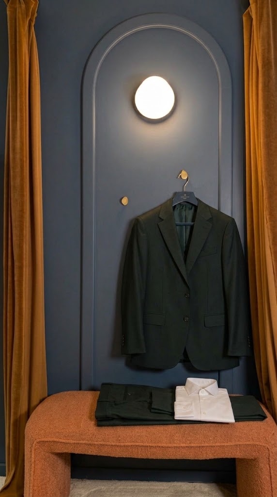 Costume deux-pièces vert bouteille en laine Dormeuil sur cintre, cabine d’essayage Auguste Tailleur