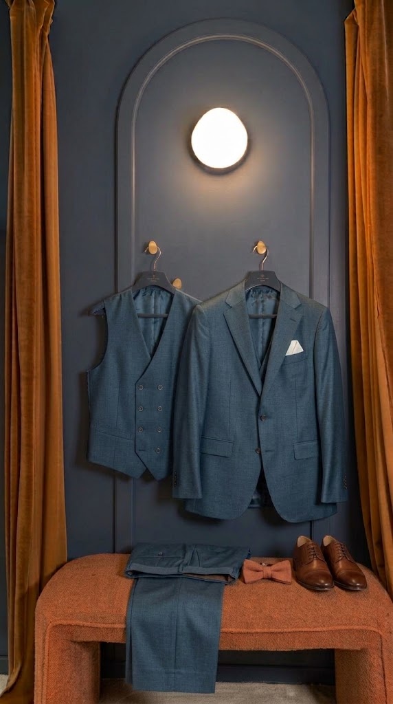 Costume trois-pièces bleu en laine twist Loro Piana à gilet croisé sur cintre, cabine d’essayage Auguste Tailleur