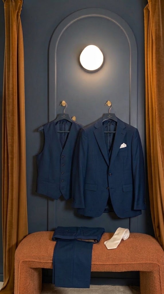 Costume trois-pièces bleu marine en laine et mohair Vitale Barberis Canonico sur cintre, cabine d’essayage Auguste Tailleur