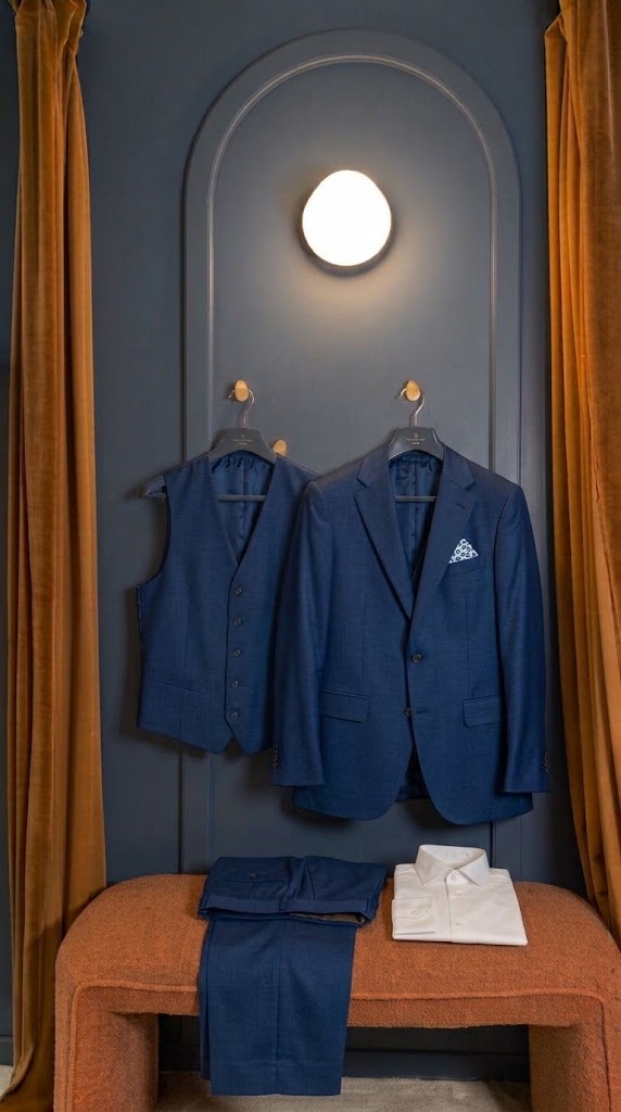 Costume trois-pièces bleu marine en mock leno Huddersfield Fine Worsteds sur cintre, cabine d’essayage Auguste Tailleur