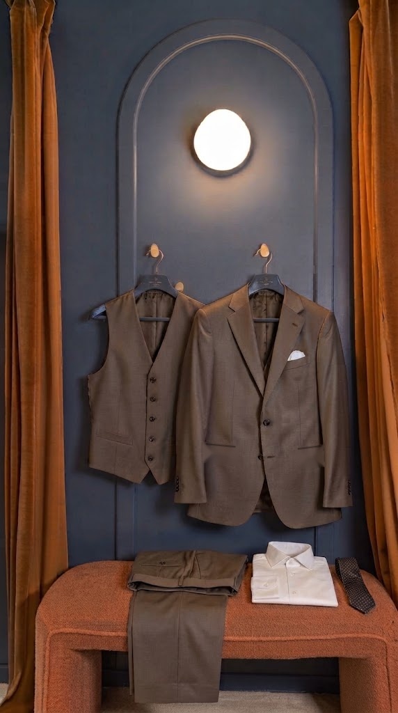 Costume trois-pièces brun en laine mérinos Super 110’s de Huddersfield sur cintre, cabine d’essayage Auguste Tailleur