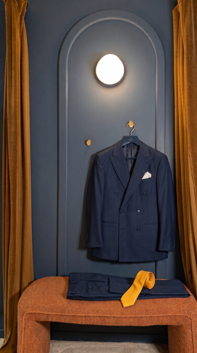 Costume trois-pièces croisé bleu marine en laine nattée Vitale Barberis Canonico sur cintre, cravate jaune