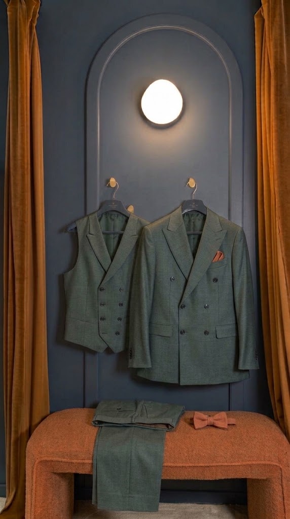 Costume trois-pièces croisé gris-vert en laine nattée sur cintre, cabine d’essayage Auguste Tailleur