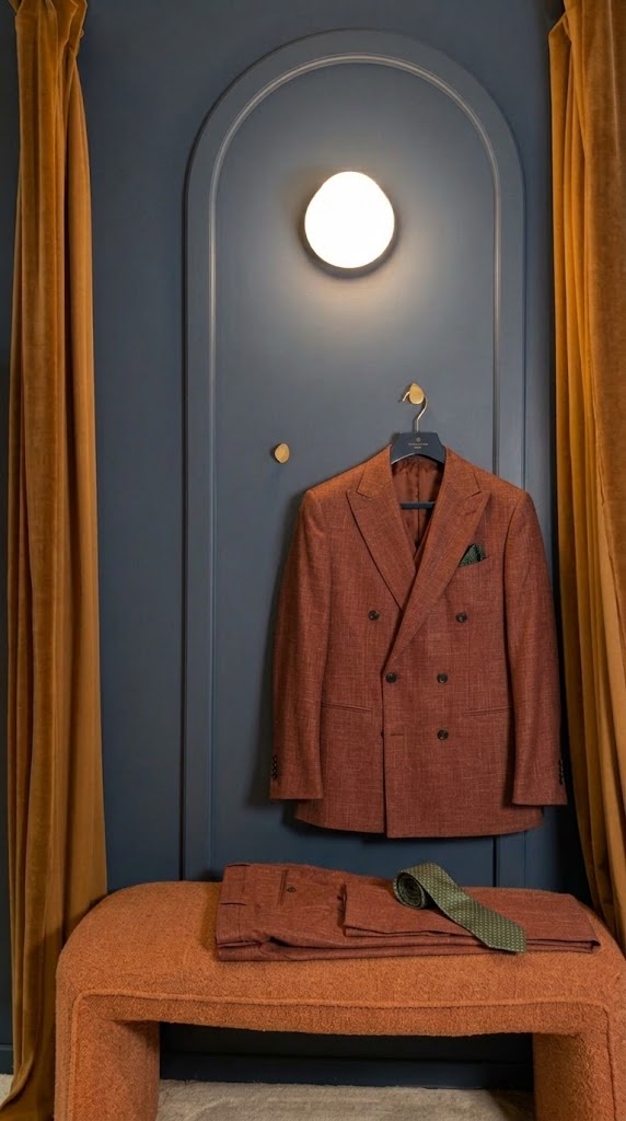 Costume trois-pièces croisé rouille en laine, soie et lin Tallia di Delfino sur cintre, cabine d’essayage Auguste Tailleur
