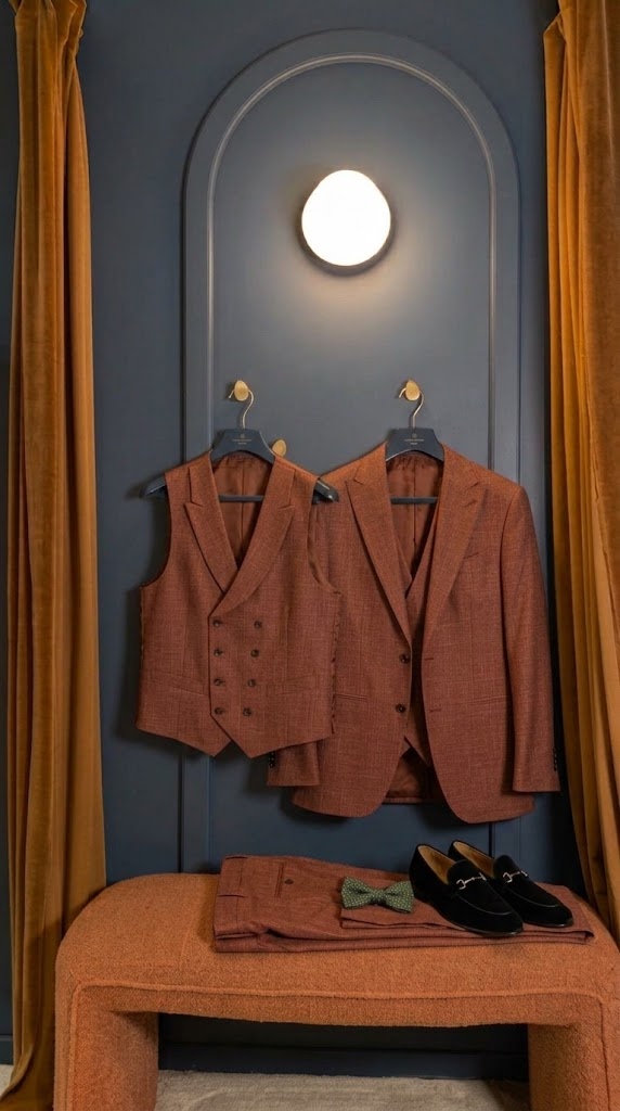 Costume trois-pièces terracotta à gilet croisé, laine nattée Vitale Barberis Canonico, sur cintre, cabine d’essayage Auguste Tailleur