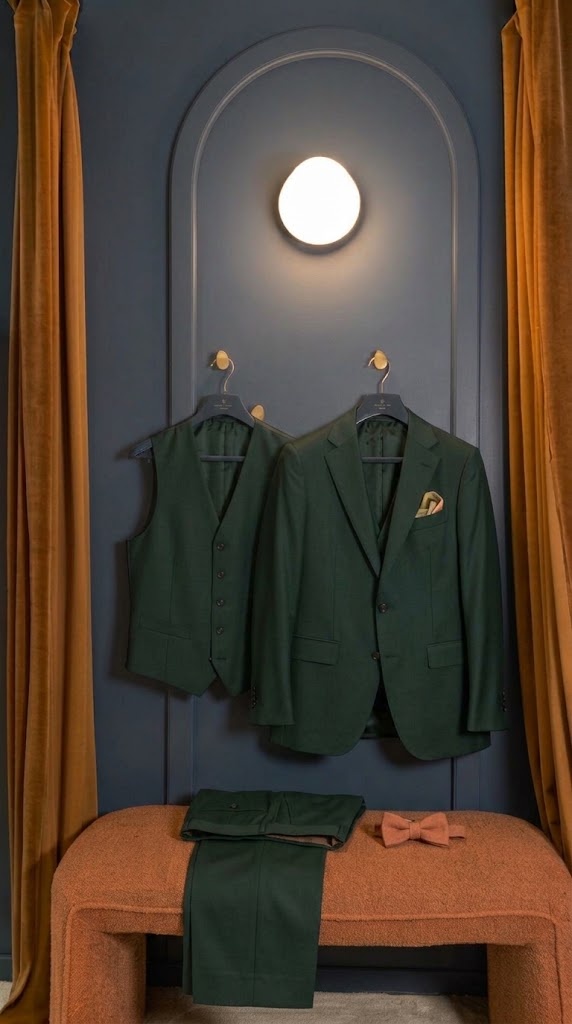 Costume trois-pièces vert forêt en laine nattée Vitale Barberis Canonico sur cintre, cabine d’essayage Auguste Tailleur