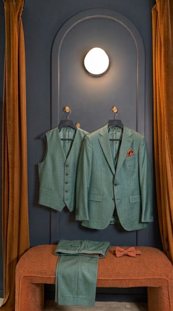 Costume trois-pièces vert sauge en laine, soie et lin Loro Piana sur cintre, cabine d’essayage Auguste Tailleur