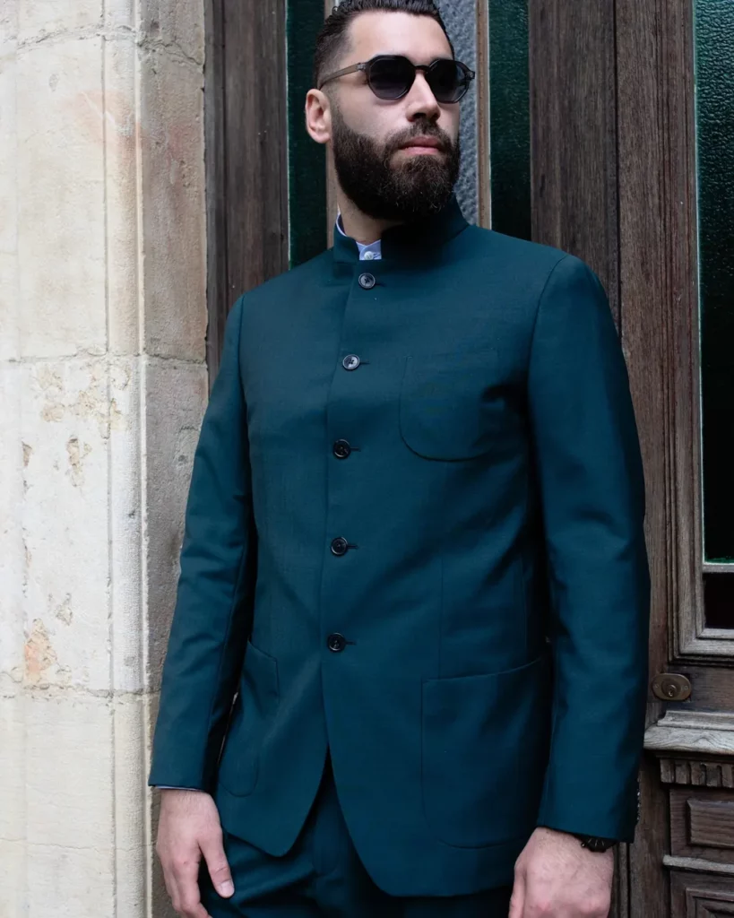 Veste sur mesure à col mao vert bouteille